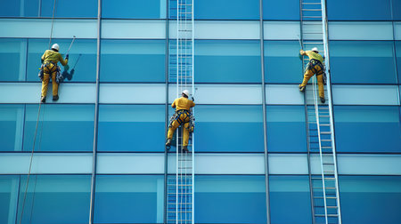 High angle view of two workers cleaning windows of modern office building.の写真素材