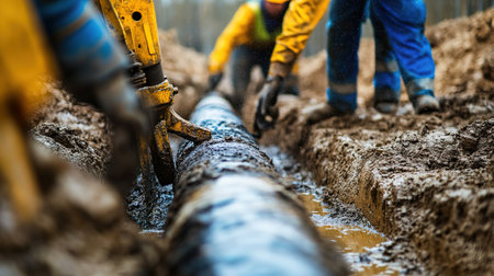 Workers on a construction site. Close-up of the pipeline.の写真素材