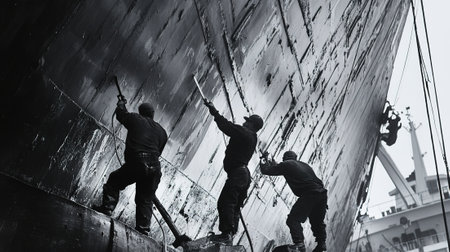 Workers are cleaning the old ship. Black and white photo.の写真素材