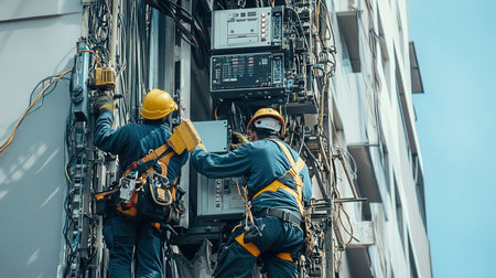 Electricians are installing electrical equipment on a high-rise building.