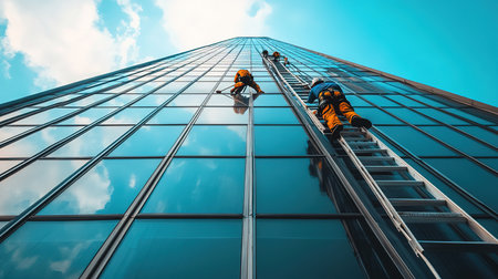 Two workers washing windows of a skyscraper in a modern city.の写真素材