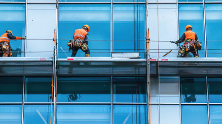 Cleaning the facade of a modern office building with high-rise windows.