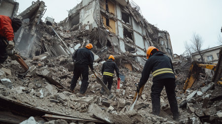 Firefighters extinguish a fire in the city.の写真素材