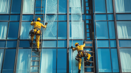 Two professional workers are cleaning the windows of a modern office building.の写真素材