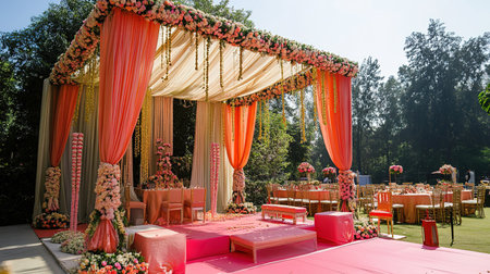 wedding ceremony in the parkrated with flowers and greeneryの写真素材