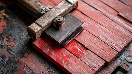 Old rusty door hinge on an old wooden door with red paint.の写真素材