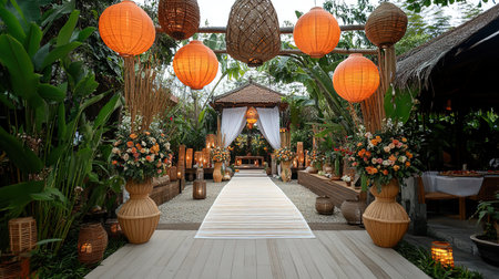 Wedding ceremony in the garden decorated with lanterns and flowersの写真素材