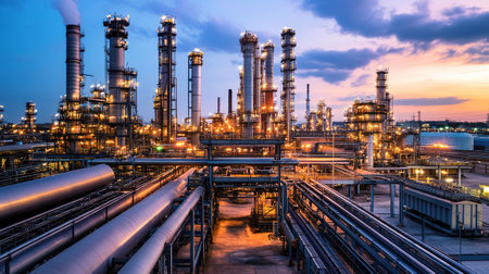 Oil refinery at twilight, petrochemical industry plant for petrochemical industry