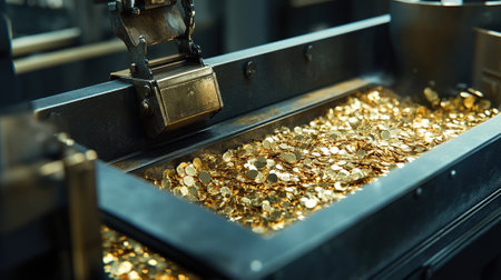 The CNC milling machine cutting the gold nuggets. The hi-technology manufacturing process.の写真素材