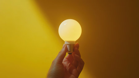 Light bulb in hand on a yellow background. Close-up.の写真素材