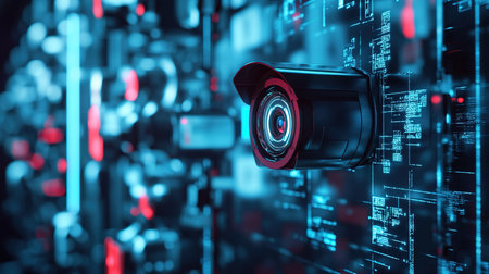 CCTV security camera on server room background. 3d rendering.