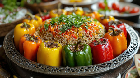 Baked bell peppers with rice and vegetables on a metal plate.の写真素材