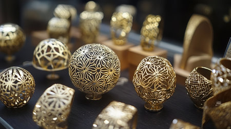 Luxury decorative gold ornaments in a shop window.の写真素材