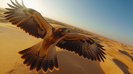 Eagle flying in the desert. 3d render illustration of a hawk.の写真素材