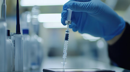 Close up of a syringe being filled with medication in a laboratoryの写真素材