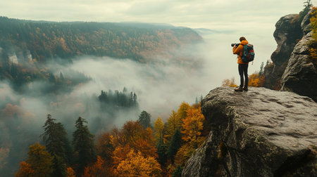 Photographer taking picture of misty autumn landscape. Female hiker standing on edge of cliff and holding camera.の写真素材