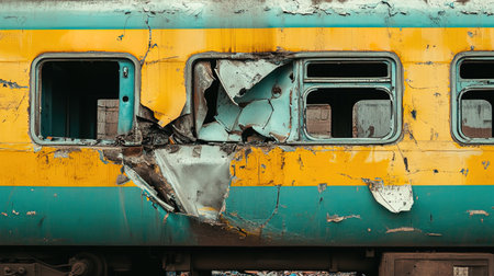 Old train wreck with blue and yellow paint, close-up.の写真素材