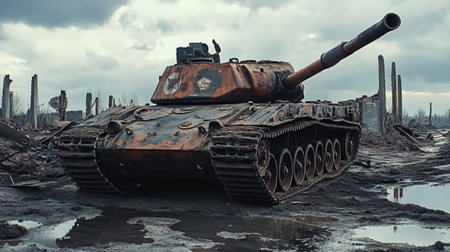 Abandoned military equipment. Tank in the ruins of an industrial complex.