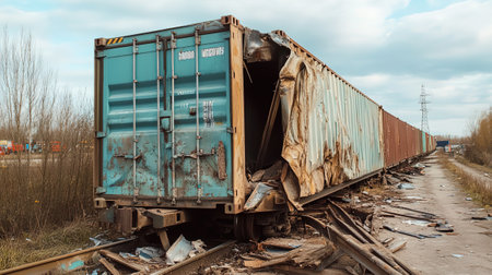 Abandoned cargo container on the railroad track. Environmental disaster.の写真素材