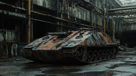 Old rusty tank in an abandoned factory, 3d rendering. Computer digital drawing.