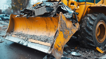 Close-up of a yellow bulldozer working on a construction siteの写真素材
