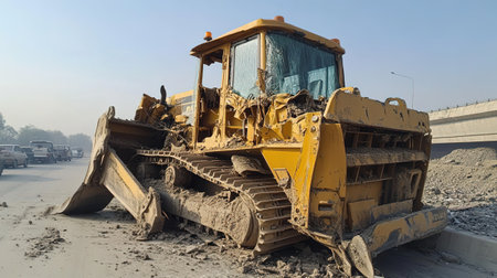 bulldozer working on the construction site, closeup of photo