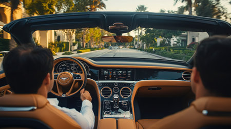 View from the back of a man driving a convertible car on a sunny dayの写真素材