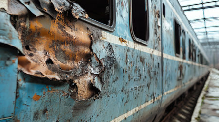 Abandoned train in a railway station, close-up.の写真素材