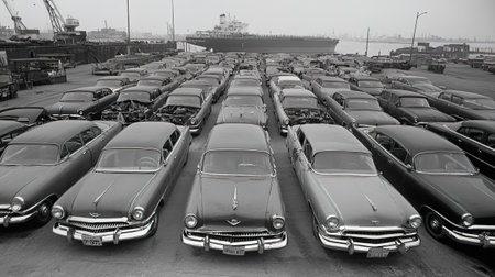 Aerial view of a row of old american cars in a parking lotの写真素材