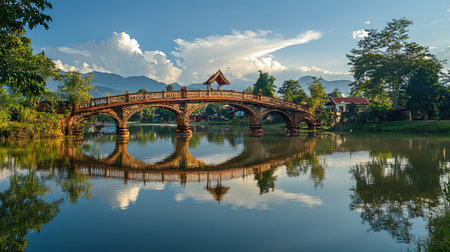 Bridge and reflection in the lake at Kanchanaburi, Thailandの写真素材