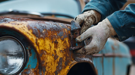 Detail of a mechanic repairing an old rusty car on a sunny dayの写真素材