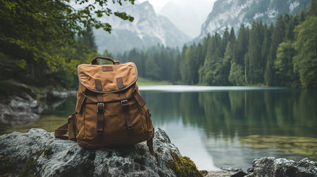 backpack on a rock on the shore of a mountain lake.