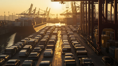 Cargo terminal with rows of cars and cargo cranes at sunsetの写真素材