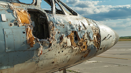 Abandoned military aircraft at the airport. Close-up.の写真素材