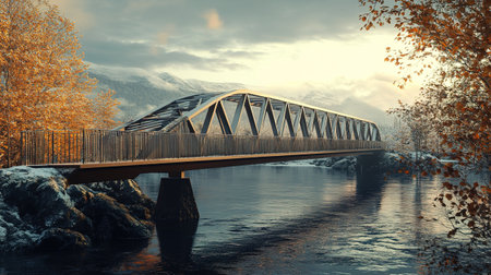 Railway bridge over the river in autumn. 3d render.の写真素材