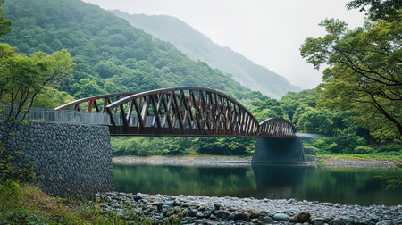 Railway bridge over the river in the morning, Nagano, Japanの写真素材