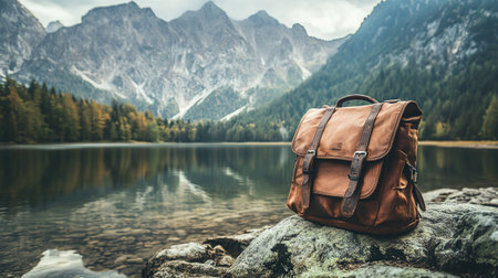 Hiking backpack on a rocky shore of Lake Braies in Dolomites, Italyの写真素材
