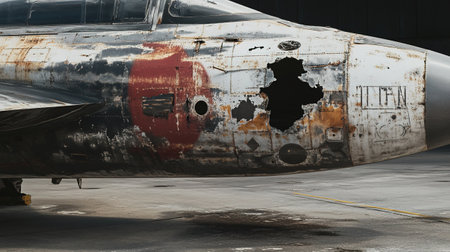 Abandoned military aircraft on the runway of a military airfieldの写真素材