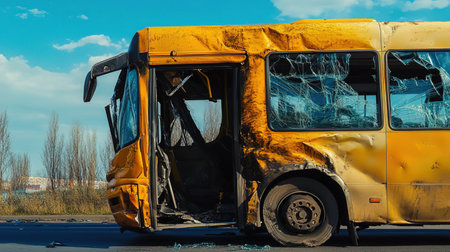 Abandoned yellow school bus on the road after the accident.の写真素材