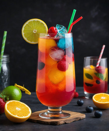 Fruit and berry lemonade or sangria in glass with ice cubes and straws on dark background