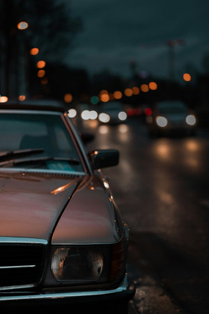 Vintage car in the city at night. Shallow depth of field.の写真素材