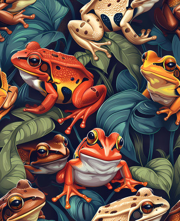 Seamless pattern with frogs and tropical leaves. Vector illustration.の写真素材