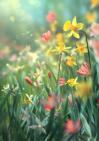 Spring background with daffodils and tulips. Vector illustration.