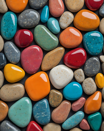 Colorful stones on a black background, top view, copy spaceの写真素材