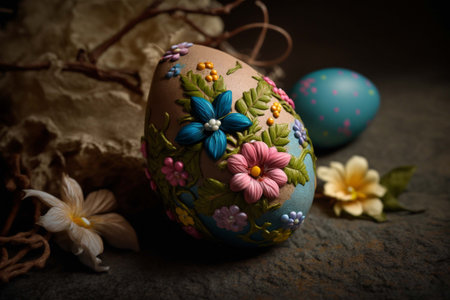 Easter egg with floral ornament on rustic background. Toned.の写真素材