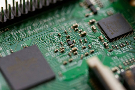 Electronic circuit board close-up. Technology and electronics background.