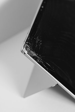 Tablet with broken screen on a white background. Close-up.