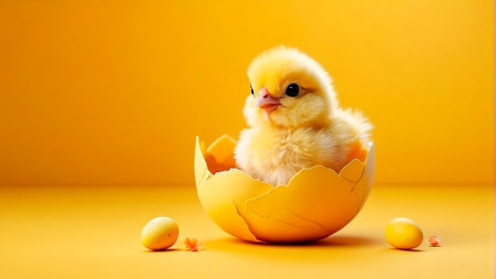 Cute little yellow chicken in eggshell on yellow background. Easter concept.の写真素材