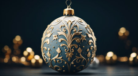 Blue christmas ball with golden ornaments on a dark backgroundの写真素材