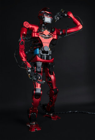 3D rendering of a red robot isolated on a black background.の写真素材